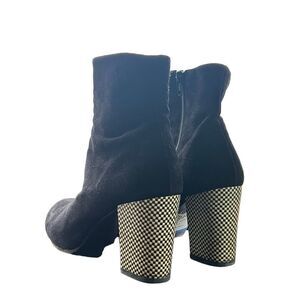 Chie Mihara Black Suede Ankle Boots Checkerboard Heels Women's Size 38 US 8 M